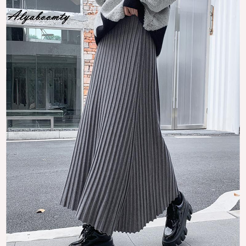 Korean Fashion Autumn Winter Women Long Skirt High Waist Black Beige Gray Brown Knitting Skirt Thick Warm Knitted All-Match Skirt