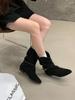 Vintage Matte Leather Pointed Pleated Pile Boots 2025 New Single Boots Square Heel Short Western Cowboy Boots Women