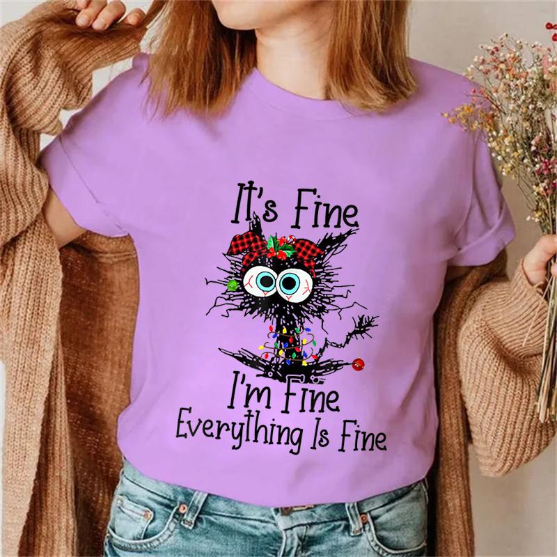 It's Fine I'm Fine Everything Футболки с принтом кота, топы, женская футболка, рождественские футболки с огнями Санта-Клауса, женские топы 90-х Ulzzang, футболки