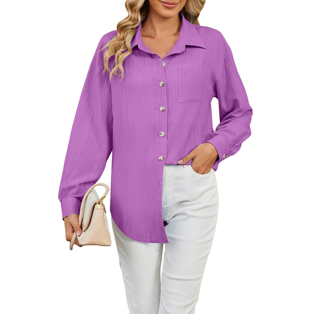 Женские повседневные свободные однотонные рубашки с длинными рукавами и пуговицами с лацканами, топы