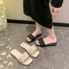 Wearing Flat-bottomed Beach One-word Sandals Fashion with Skirts 2025 Summer New Internet Celebrities Small Fragrant Wind Pearl Slippers Women