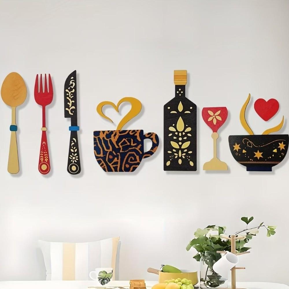 8PCS/SET Rustic Floral Kitchen Utensil Pendant Wood Coffee Cup Wall Sticker Wall Art Decals Bar