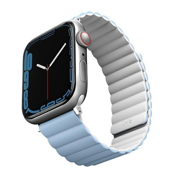 UNIQ pasek Revix Apple Watch Series1/2/3/4/5/6/7/8/9/SE/SE2/Ultra/Ultra 2 42/44/45/49mm. Reversible Magnetic biały-niebieski/white-blue