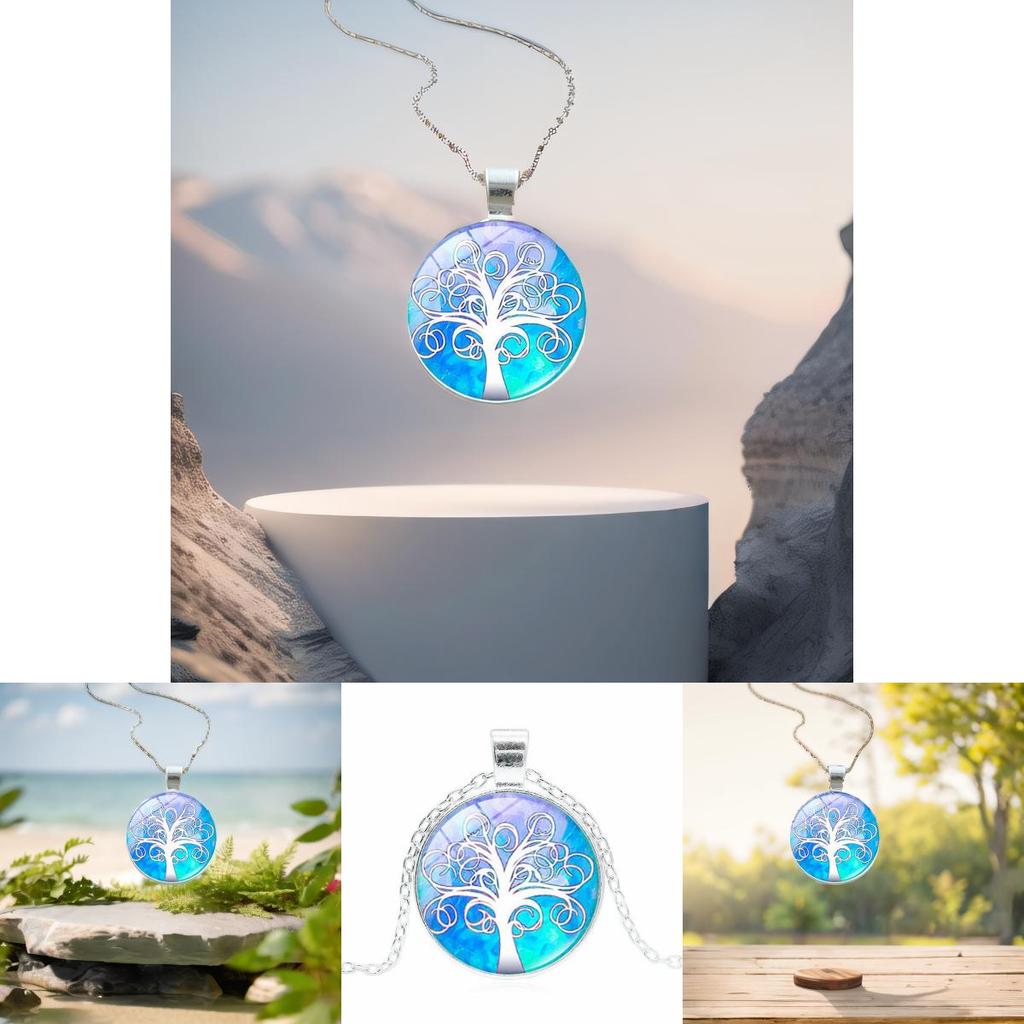 Элегантное ожерелье-подвеска с узором дерева цвета винтажного серебра с классическим стеклянным кабошоном