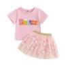 Пасхальный наряд для малышей, вышитые буквы, короткий рукав, круглый вырез, топ, юбка-трапеция с пайетками и кроликом, комплект из 2 предметов