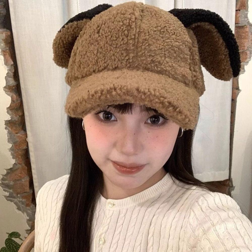 Sunshade Rabbit Ear Baseball Hat Adjustable Winter Peaked Cap Casual Lamb Wool Baseball Cap  Female