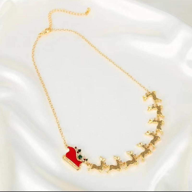 Праздничное ожерелье с оленем, ручная работа, цепочка-чокер, регулируемая, подвеска в виде саней и лося, аксессуар-цепочка для рождественских вечеринок