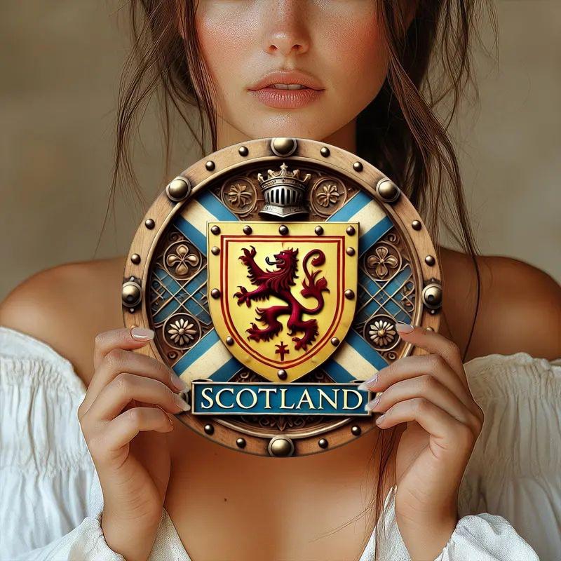 Винтажная круглая алюминиевая настенная табличка с шотландским львом, стоящим на задних лапах