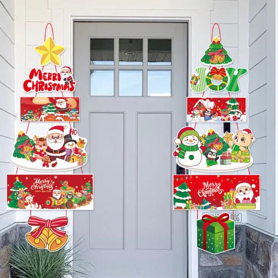 1 Pair Christmas Door Decoration Merry Christmas Hanging Sign Cartoon Santa Claus Snowman Holiday Decor for Home Wall Front Door