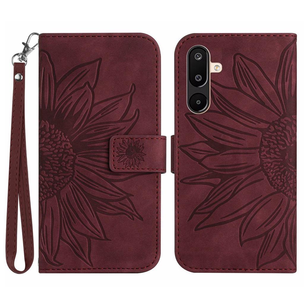 For Samsung Galaxy M16 5G/F16 5G Case Sunflower Imprint Leather Wallet Phone Cover with Wrist Strap