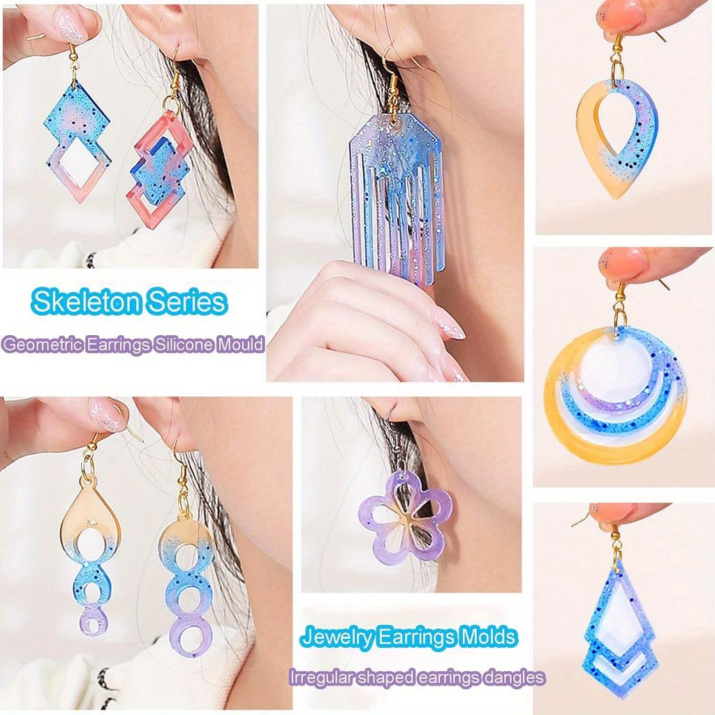 104Pcs Epoxy Resin Jewelry Molds Kit–Geometric & Irregular Shaped Earrings Silicone Molds,100 Earring Hooks for Dangle Drop Earrings&Necklace Pendants