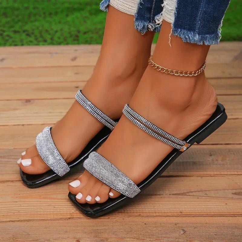 Мода 2024 года, горячая распродажа женской обуви с квадратным носком, женские тапочки, летние блестки, однотонные, повседневные, пляжные, на плоской подошве, большого размера