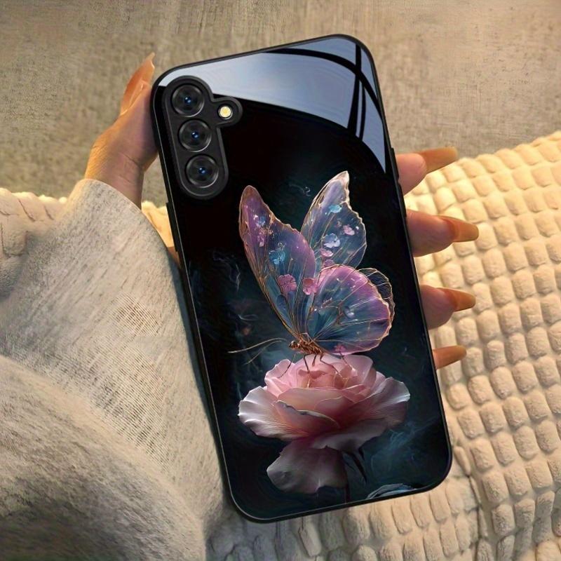 Стеклянный чехол для телефона с бабочкой на розовой розе подходит для Samsung Galaxy S26 S25 S24 S22 S21 S20 FE/Ultra/Plus противоударный