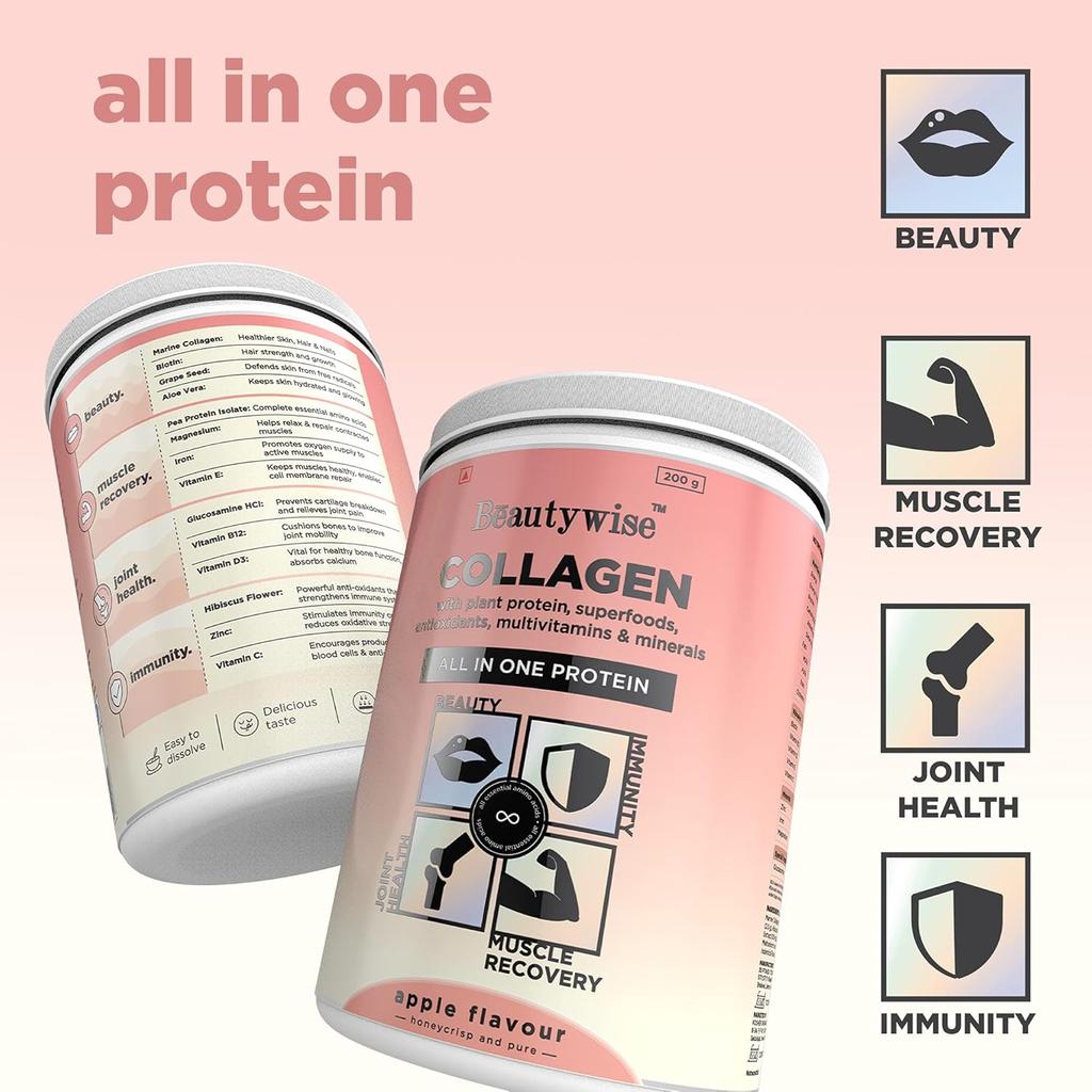 Beautywise All In One Collagen Proteins Powder For Beauty, Muscle Recovery, Joint Health And Immunity With Plant Proteins 200G(Apple Flavor Pack Of 1)