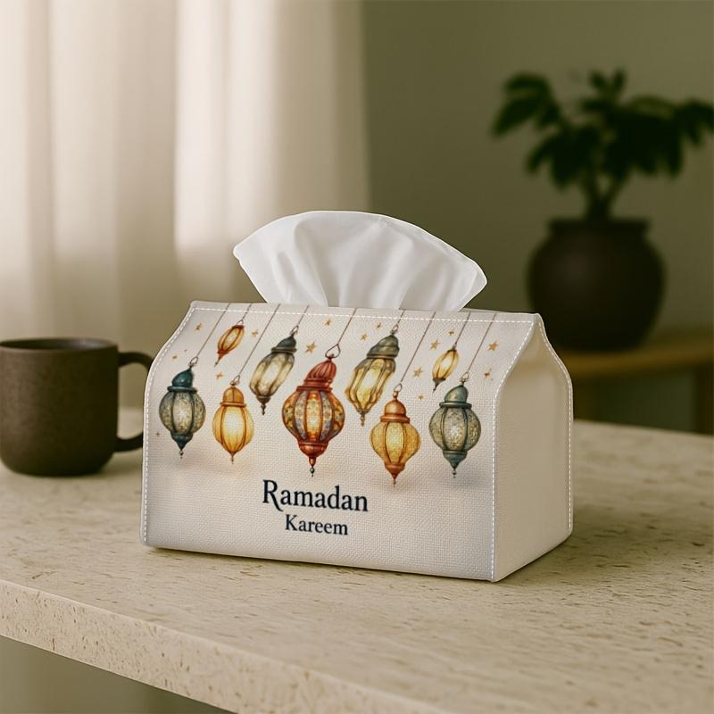 1pc Contemporary Stylish Ramadan Celebration Tissue Holder Featuring Ramadan Kareem Lanterns, Versatile Fabric Tissue Container, Outdoor Event Supplie