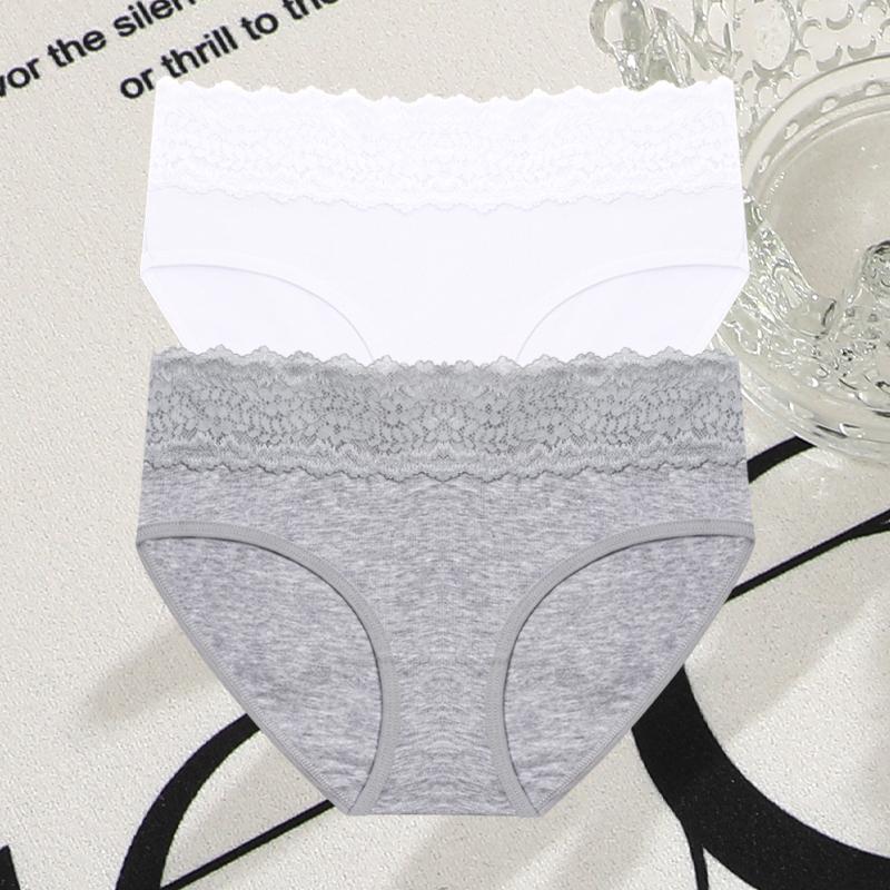 FINETOO 2Pcs Women Cotton Seamless Underwear Sexy Lace Waist Patchwork Panties Female Solid Briefs Plus Size Breathable Lingerie