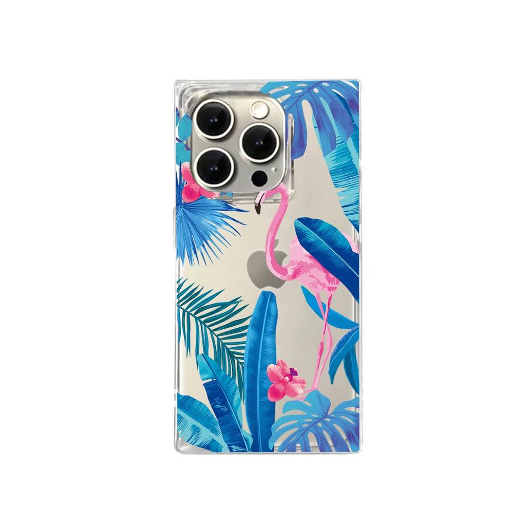 Clear Square Back Tube Case Protection For iPhone 11 15 Plus 14 Pro Max 13 16 ProMax 12 Anti-Oxygen,Blue Leaf Flamingo Pattern Casing