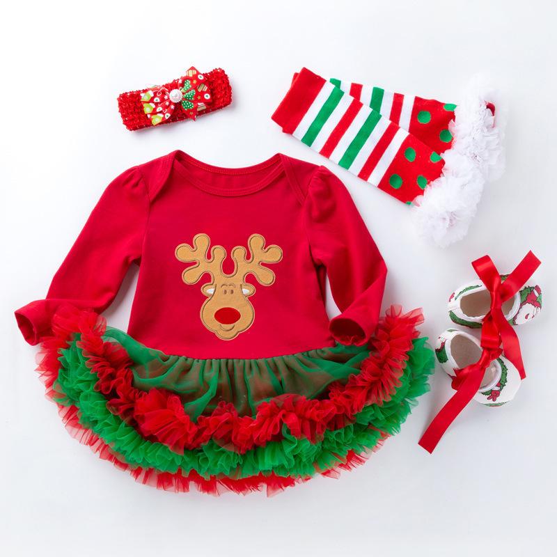 Classical Long Sleeves 4pcs Set New Born Baby Clothing Infant Baby Toddler Christmas Romper Dress
