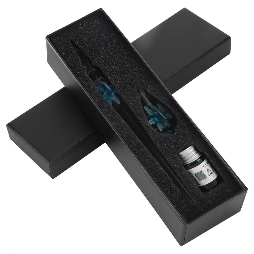 Retro Elegant Flower Glass Dip Pen Signature Ink Fountain Pen with Ink Penholder Pink