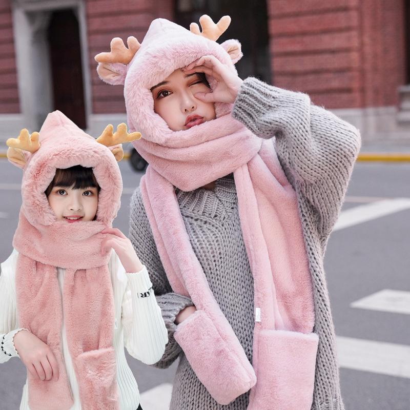 Рождественская шапка для взрослых, шарф, перчатки, интегрированный зимний теплый плюшевый шарф с рогами из мультфильма для родителей и детей, детский