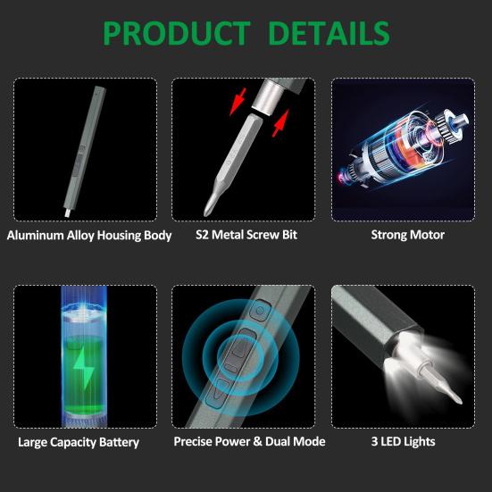 Электрическая прецизионная отвертка Мощный магнитный двигатель Высокоскоростные перезаряжаемые биты для отверток Намагничиватель/размагничиватель Прецизионный
