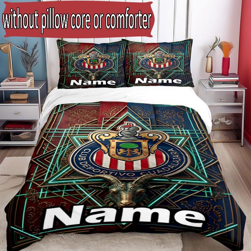 3pcs Duvet Cover Set (1*Duvet Cover + 2*Pillowcase, Without Core), Custom Name Club Deportivo Guadalajara Pattern Bedding Set, Home Bedroom Decor Gift
