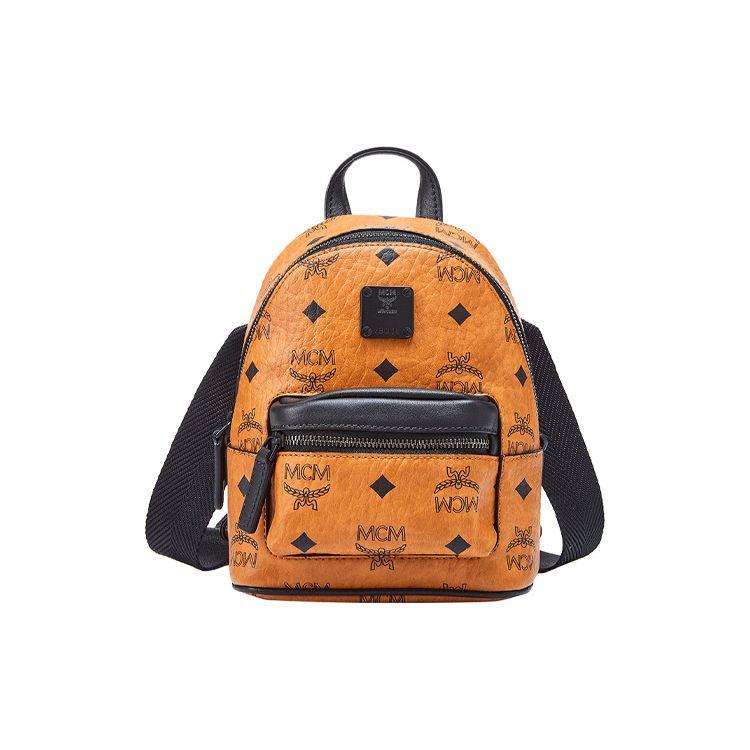 MCM Cognac Visetos Monogram Mini Backpack with Black Contrast Trim & Webbing Straps for Daily & Street Style Use