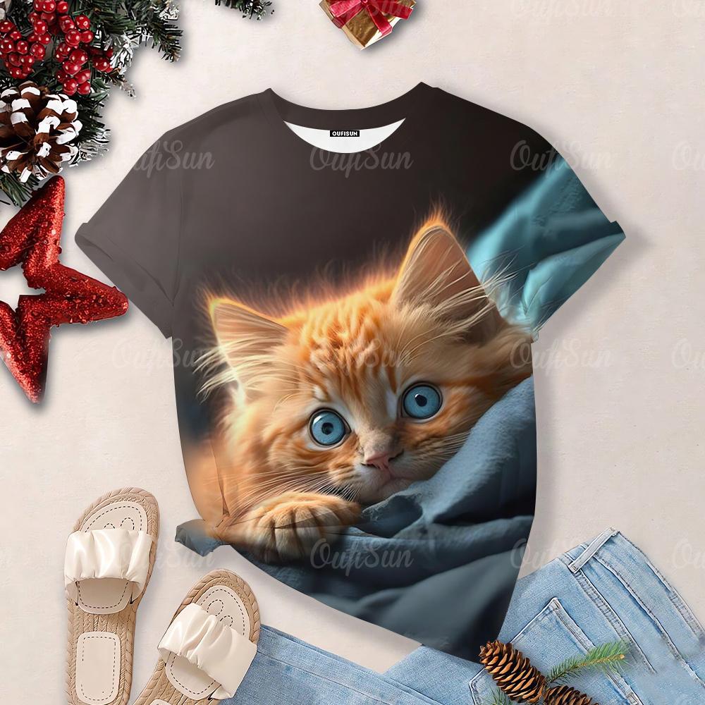 Футболки Overzise для женщин 2024, футболки с круглым вырезом и короткими рукавами с 3d принтом милого кота, топы, кавайные повседневные футболки, эстетические женские топы