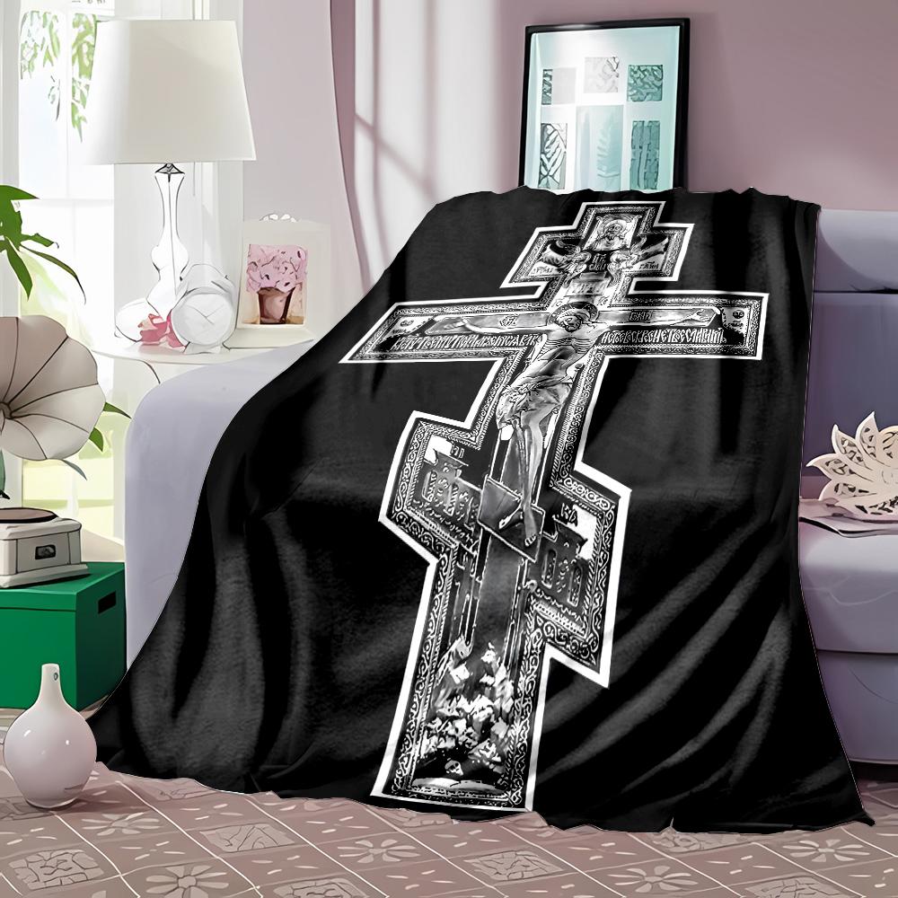 1PC Three horizontal crosses Faith-printed Flannel Blanket Soft and Warm Suitable for Home Travel Picnics Camping and RV Use