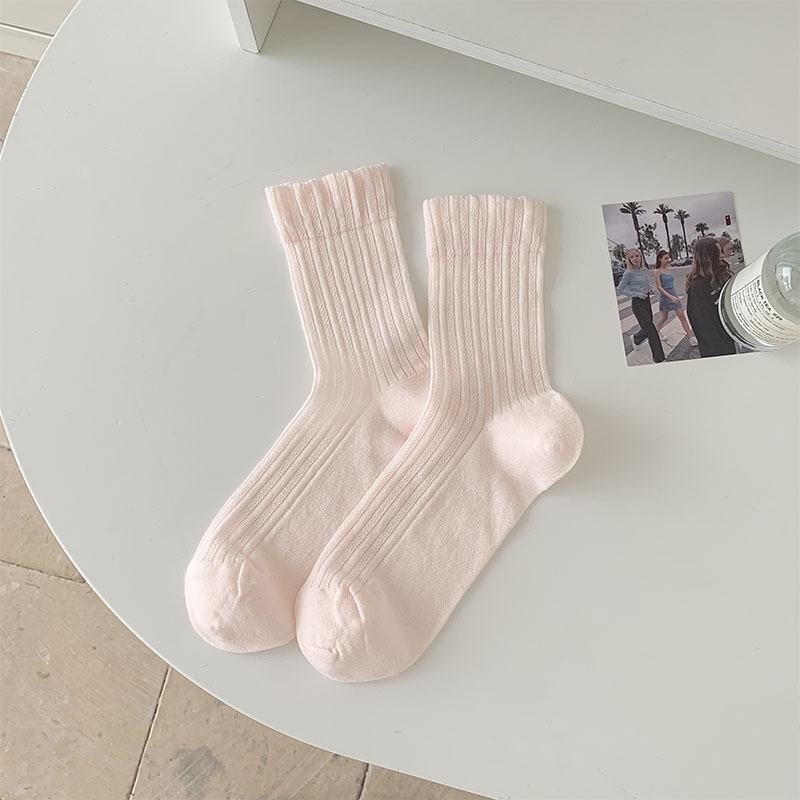 Женские носки в корейском стиле, летние, хлопковые, тонкие, дышащие, средней длины, однотонные, белые, серые, розовые, голубые, желтые, длинные носки, носки
