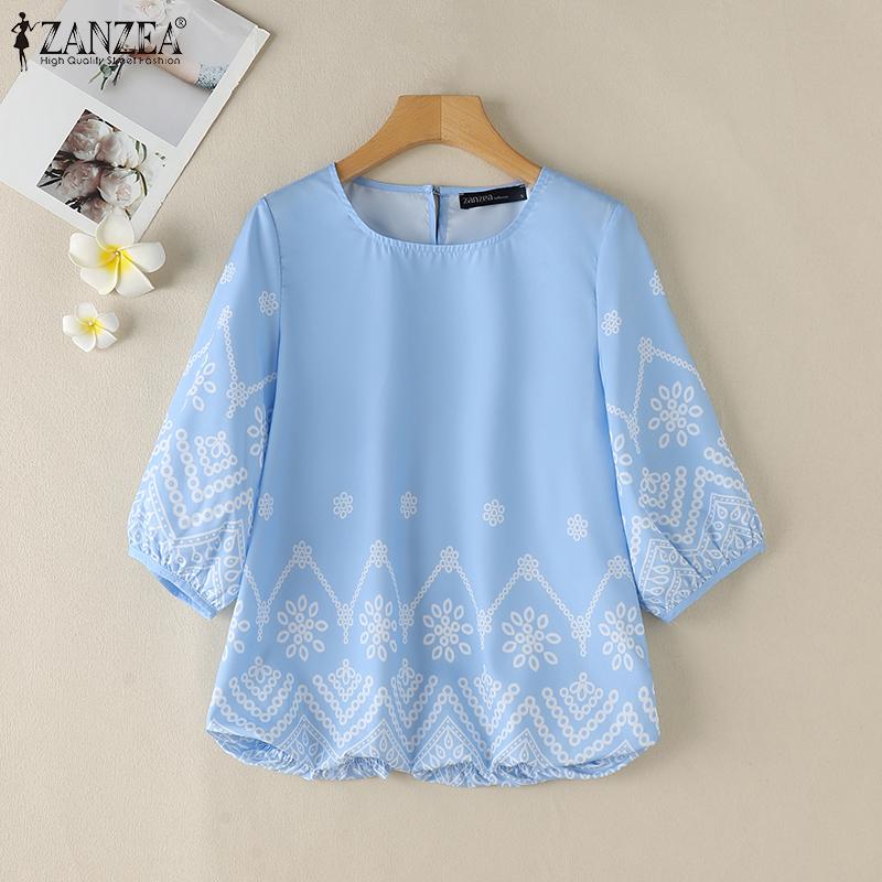 ZANZEA Женская повседневная блузка свободного кроя с круглым вырезом и рукавом 34