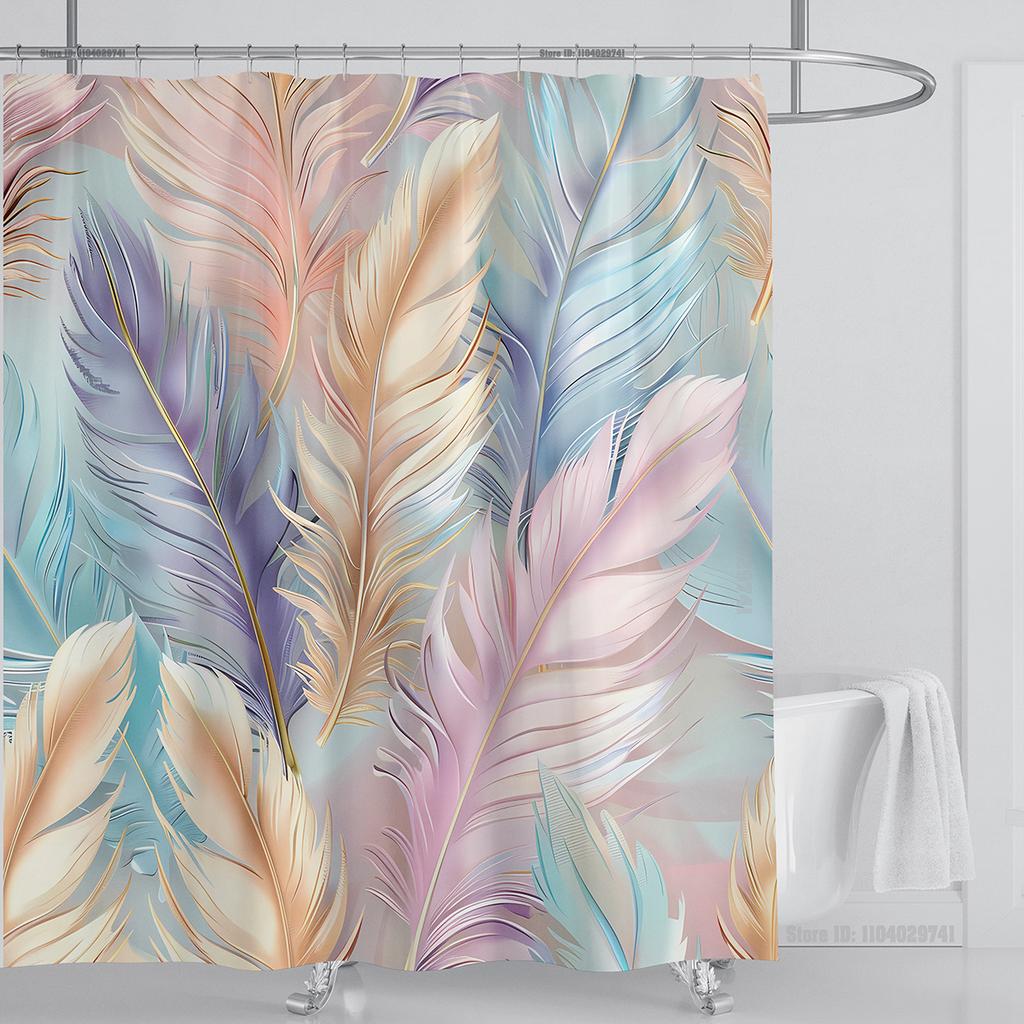 3D Feather Shower Curtain Set Colorful Printed Design Fabric Bathroom Decoration Waterproof Washable Shower Curtain with Hooks