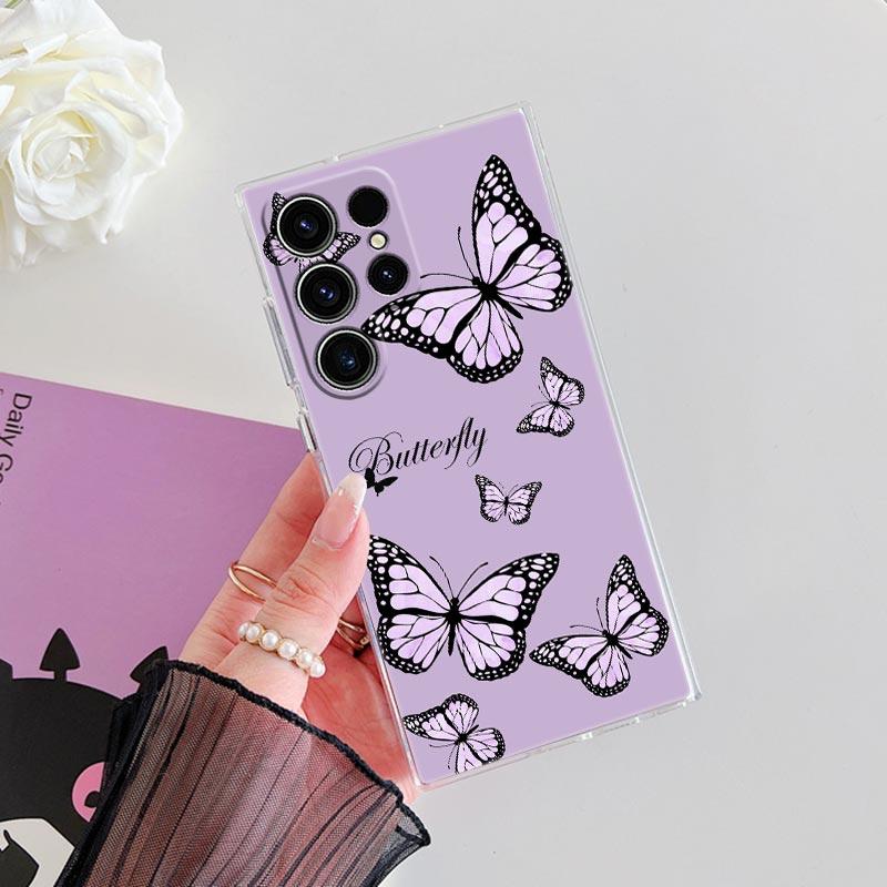 Pink Butterfly S25Ultra Clear Case For Samsung Galaxy S25 S24 S23 Ultra S20 S21 FE S22 Plus A56 A55 A36 A26 5G Soft Phone Cover