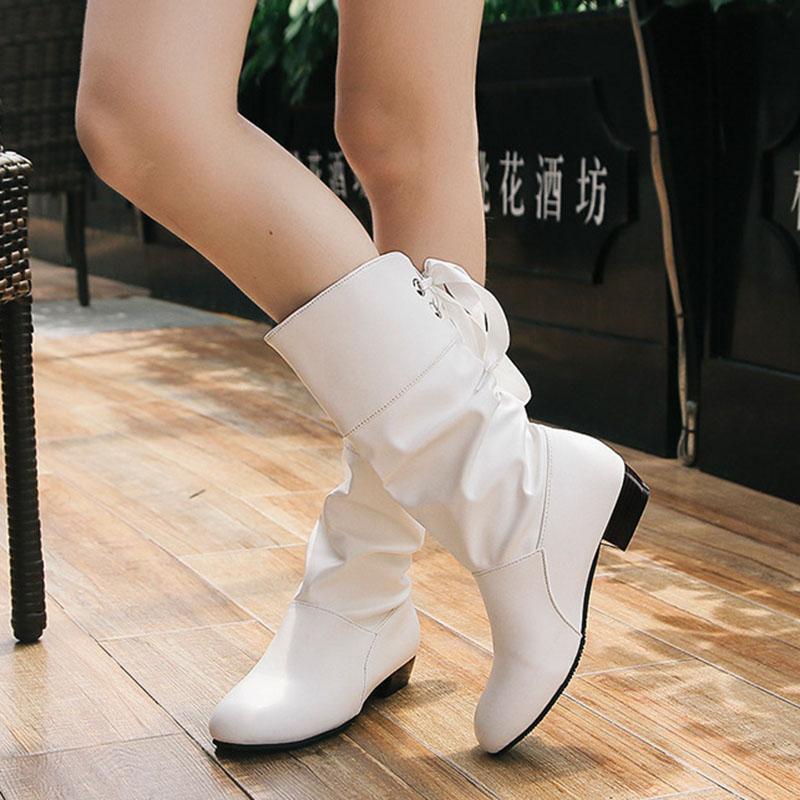 Женские красные сапоги весна-осень повседневные сапоги до середины икры со шнуровкой сзади для женщин плиссированные сапоги из искусственной кожи на низком каблуке Botas Femininas Large