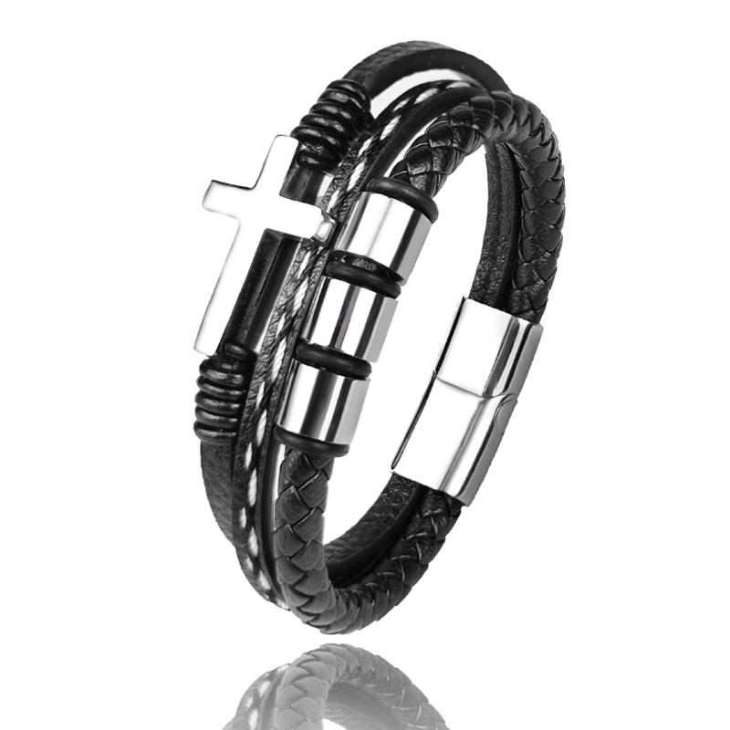 MingAo New Custom Engraved Family Name Beads Cross Bracelets Black Braided Leather Stainless Steel Bracelets for Men Fathers