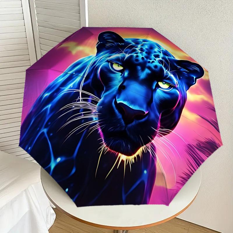 1pc Neon Jaguar Print Fashionable Automatic Opening/Closing Folding Umbrella with 8 Iron Bones, Plastic Handle yy251015093