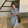 Short Sleeved Polo Collar Dress for Women Korean Version Hong Kong Style High Waist Slimming Mid Length Casual Dresses