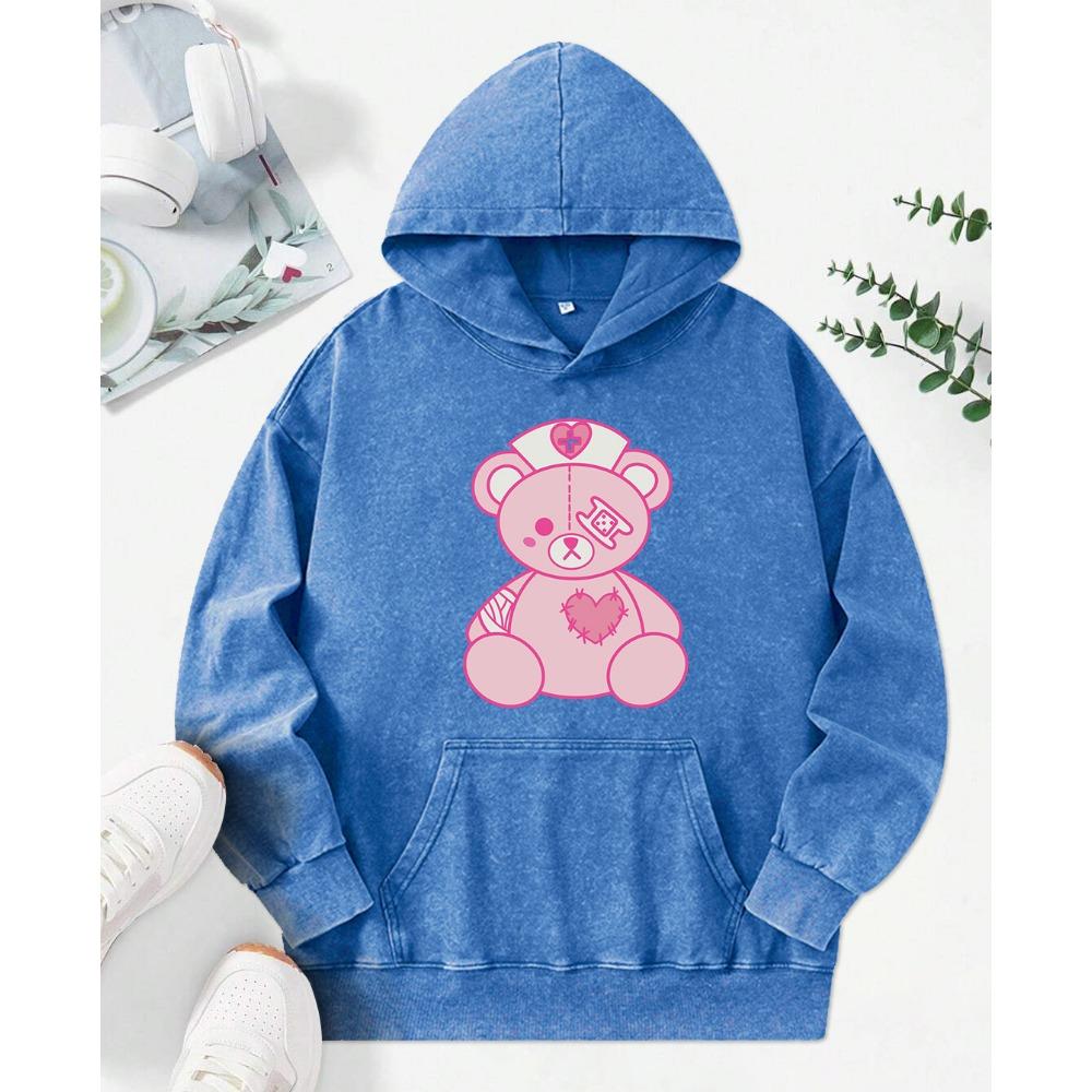 Broken Bear Creative Print Women Snow Wash Hoodie Autumn Loose Hoody Casual Soft Pullovers Vintage Cotton
