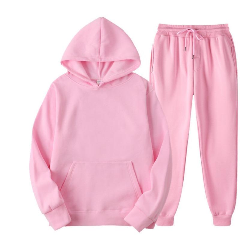 Autumn Winter Solid Color Sportswear 2-piece Hooded Sweatshirt Sweatpants with Plush Loose Casual Sweatshirt Set