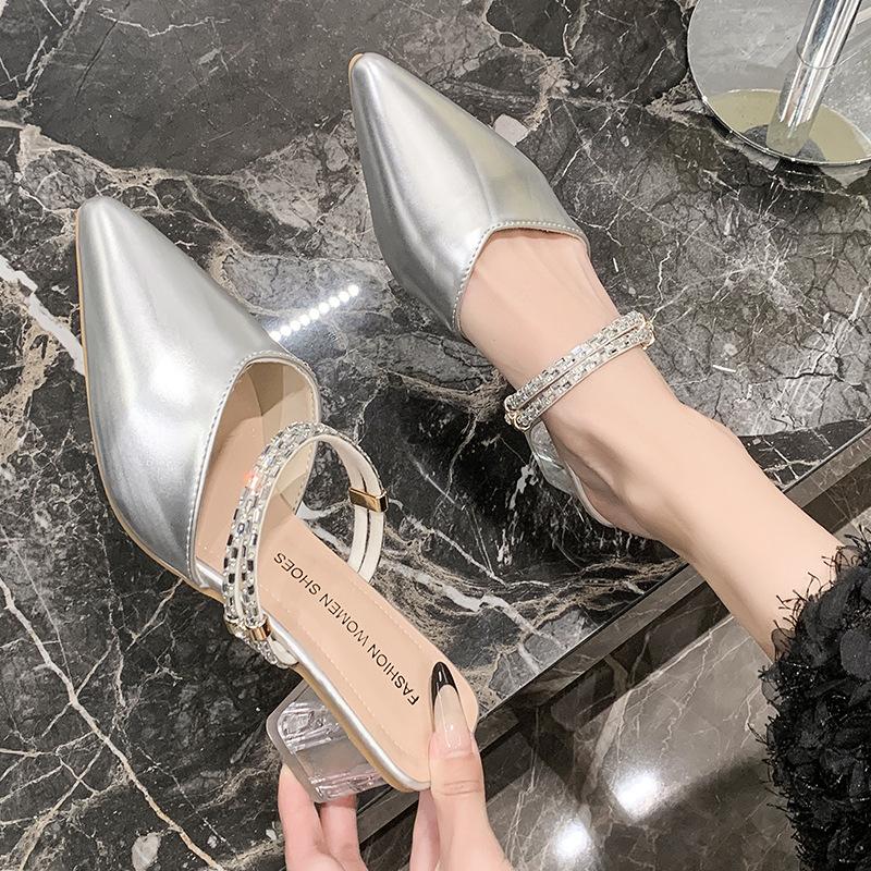 Сандалии на высоком каблуке с острым носком, женские летние сандалии на толстом каблуке со стразами, женские полутапочки Baotou, модная женская дышащая обувь