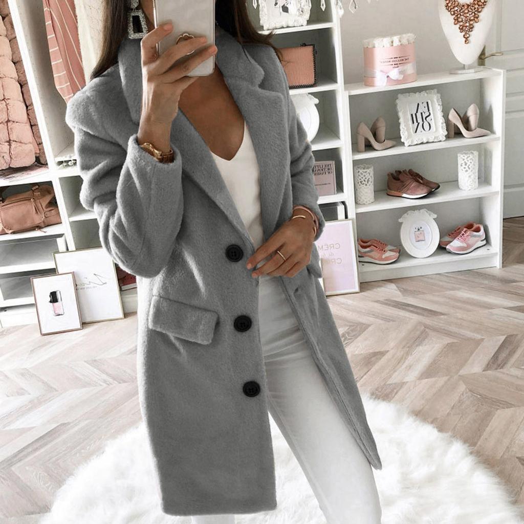 Женское плюшевое однотонное элегантное смешанное пальто, длинное пальто на тонких пуговицах, верхняя одежда, куртка