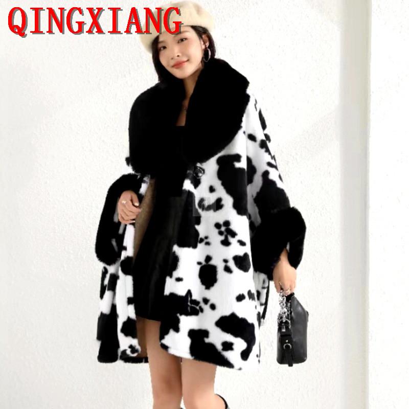 4 Colors Lady Loose Faux Fur Woolen Leopard Capes Women Winter Warm Thicken Batwing Sleeves Loose Cloak Streetwear Overcoat