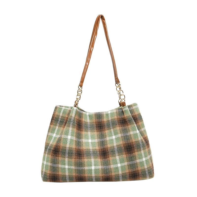 Woolen Plaid Underarm Bag for Women New Large Capacity Tote Bag Fashionable Commuter Retro One-shoulder Handbag