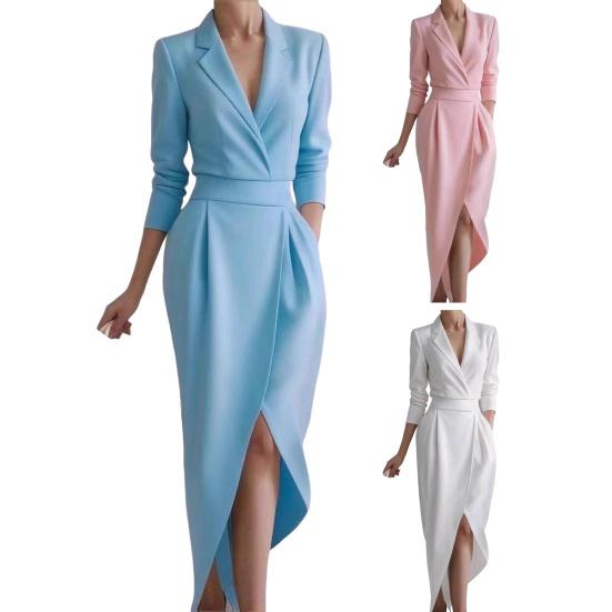 Women's 3/4 Sleeve V Neck Midi Sheath Bodycon Dress Formal Faux Wrap Cocktail Work Dress Office Business Outfit