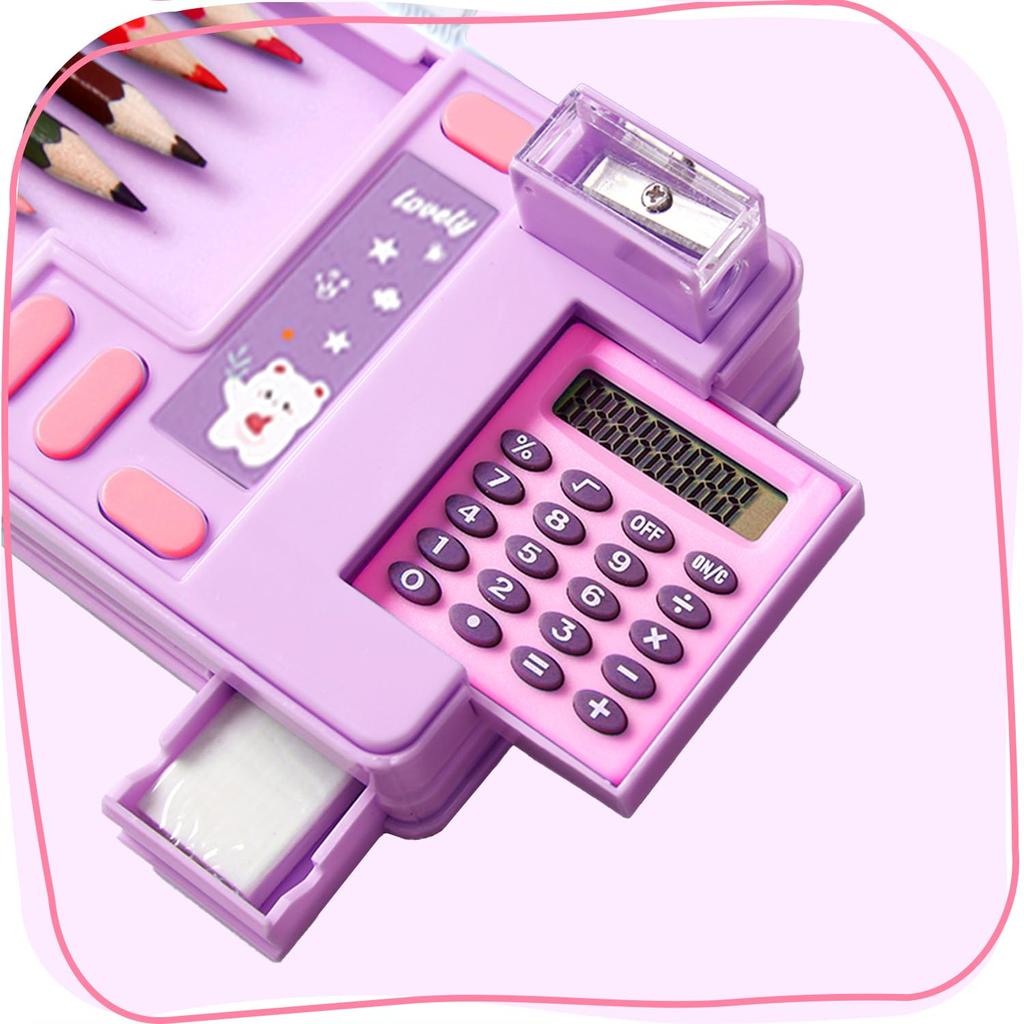 LilyBeauty Multifunctional Pencil Case with Calculator and Great Study Great Gift for Kids and Teens Pop-Up Cutter, Supplies, (Purple)