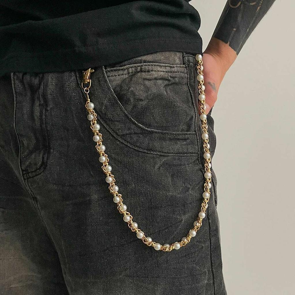 SHIXIN Hip Hop Imitation Pearl Bag Chain Waist Chain Punk Metal Pants Chain For Men Versatile Jeans Accessories Keychain Jewelry