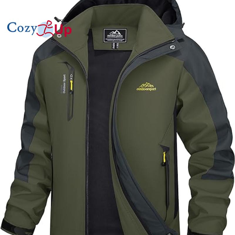 Cozy Up Куртка для мужчин с капюшоном, ветрозащитная, водостойкая, дождевик, ветровка с 5 карманами, куртка для походов, рыбалки, бега