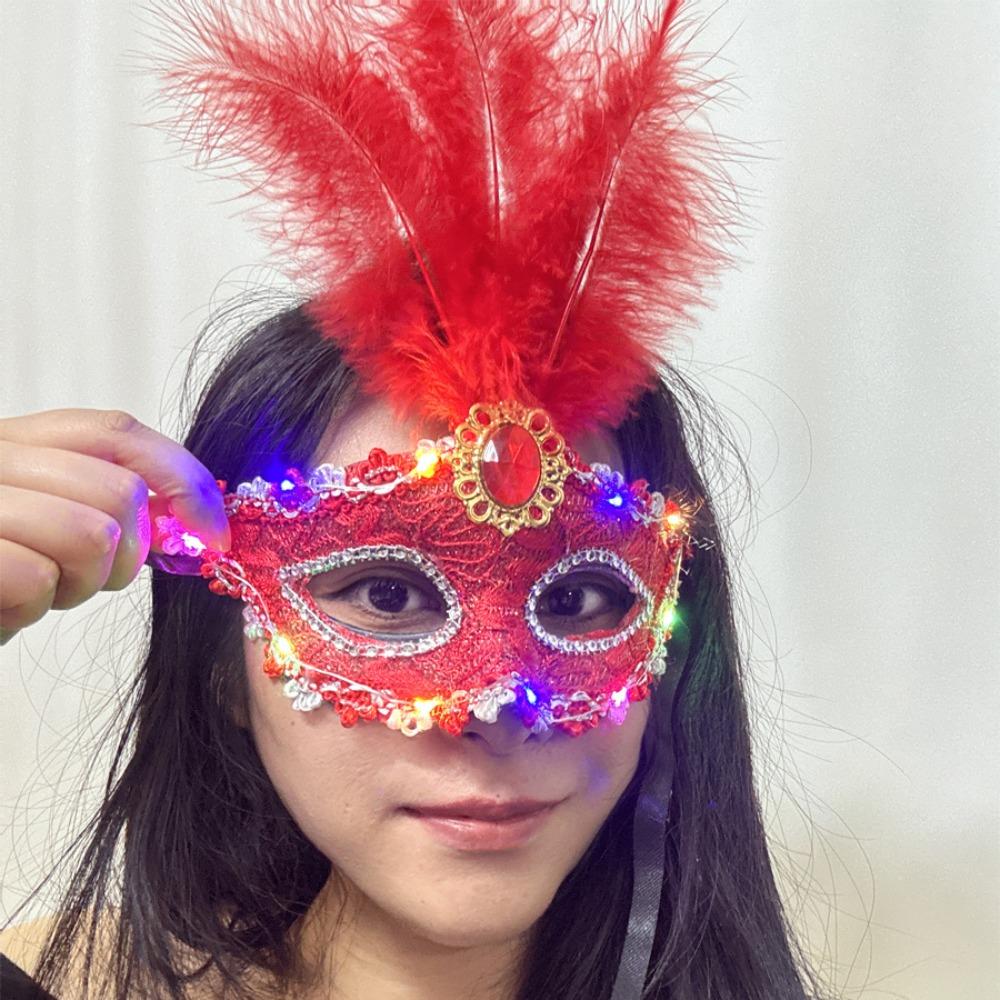 Rhinestone LED Glowing Mask Plastic Venice Masquerade Mask Creative Feather Mask  Halloween