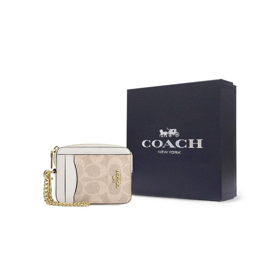 New COACH Zip Top Card Case Artificial Leather With Recycled Leather Card Holder Women's Sand Yellow & Chalk White CW883-IMXDM
