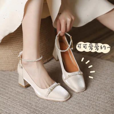 2024 Туфли на высоком каблуке, женская мода, квадратный каблук, квадратный носок, туфли Мэри Джейн, элегантные туфли на среднем каблуке для вечеринок, однотонный стиль для банкета